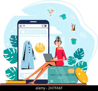 Concetto di shopping online con una donna che tiene un laptop. Monete, smartphone e carta di credito. Offerta speciale, sconto. Modello di illustrazione vettoriale. Illustrazione Vettoriale