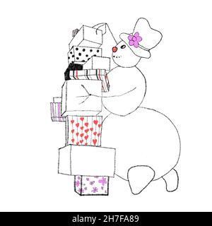 Snowman Frosty che tiene un sacco di regali di Natale isolato su sfondo bianco Foto Stock