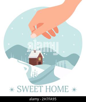 Paesaggio invernale con una casa e alberi di Natale. A mano irrorate la casa con neve e cuori. Illustrazione vettoriale. Illustrazione Vettoriale