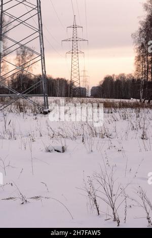 Una linea elettrica ad alta tensione su grandi poli metallici attraversa una foresta e un campo in neve profonda. Novosibirsk regione, Siberia, Russia. Foto Stock