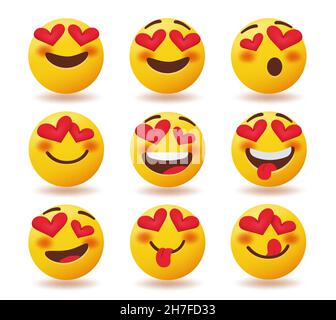 Set di vettori Smiley Love emojis. Emoticon valentine personaggio in amore viso espressione con cuore occhi elemento isolato in bianco sfondo. Illustrazione Vettoriale