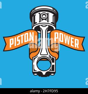 Logo di ricambio per auto con asta di calore a pistone Power con banner curvo. Illustrazione vettoriale di un pistone con un disegno classico del banner con le parole potenza del pistone. Illustrazione Vettoriale