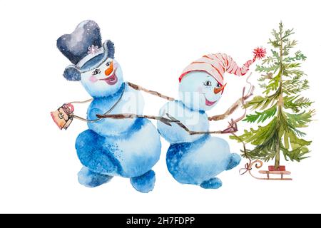 Un paio di snowmen stanno portando una slitta con un albero di Natale Foto Stock