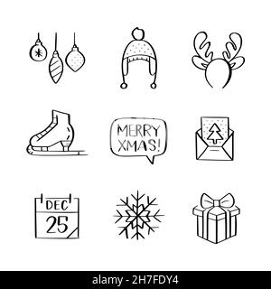 Icone colorate di arte di Natale. Baubles di abete, fasciatesta di renna, calendario, scatola regalo, pattini di ghiaccio. Schizzi di Doodle Illustrazione Vettoriale