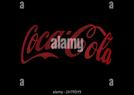 Almaty, Kazakhstan - 20 novembre 2021: Il logo Coca-Cola si illumina di rosso con i LED al buio. Pubblicità notturna Foto Stock