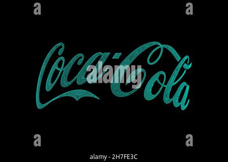 Almaty, Kazakhstan - 20 novembre 2021: Il logo Coca-Cola si illumina al buio con LED turchesi. Pubblicità notturna. Foto Stock