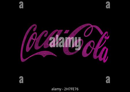 Almaty, Kazakhstan - 20 novembre 2021: Il logo Coca-Cola si illumina al buio con LED rosa. Pubblicità notturna. Foto Stock