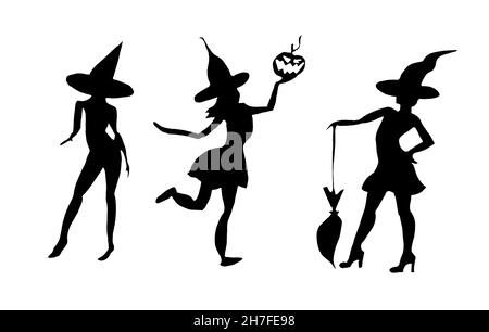 Collezione witch halloween con silhouette nera isolata su sfondo bianco Foto Stock