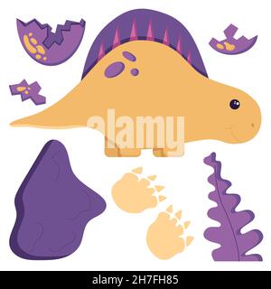 Un set di graziosi dinosauri per decorare il vivaio, adesivi Mesozoici per bambini, Tyrannosaurus, Pterodactyl, Stegosaurus, Brachiosaurus, e. Illustrazione Vettoriale