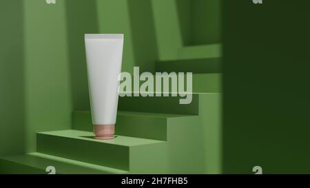 Confezione mockup tubetto bianco per la cura della pelle su palco verde moderno. Crema mani, lozione corpo, pulizia viso, prodotto naturale. rendering 3d, illustrazione 3d Foto Stock