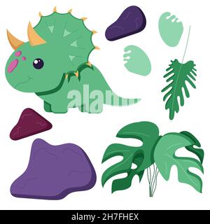 Un set di graziosi dinosauri per decorare il vivaio, adesivi Mesozoici per bambini, Tyrannosaurus, Pterodactyl, Stegosaurus, Brachiosaurus, e. Illustrazione Vettoriale