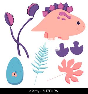 Un set di graziosi dinosauri per decorare il vivaio, adesivi Mesozoici per bambini, Tyrannosaurus, Pterodactyl, Stegosaurus, Brachiosaurus, e. Illustrazione Vettoriale
