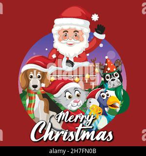 Allegro banner natalizio con illustrazione di Babbo Natale e animali Illustrazione Vettoriale
