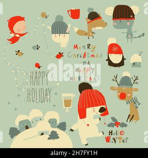 Set di animali cartoon carino che celebrano le vacanze invernali Illustrazione Vettoriale