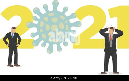 2021 concetto di stile di vita del virus con uomini d'affari preoccupati. L'effetto del virus sul mondo degli affari. Cartoon di illustrazione vettoriale piatta. Illustrazione Vettoriale
