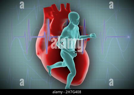 Illustrazione in 3d di un uomo che corre sullo sfondo del cardiogramma. rendering 3d di persone, personaggio umano. Foto Stock