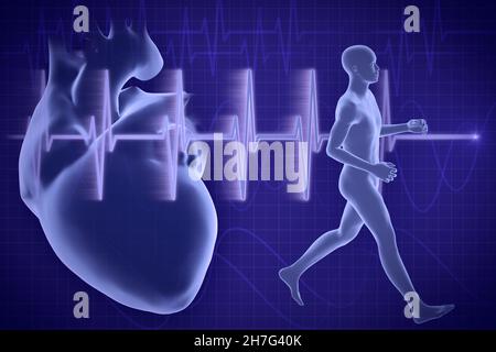 Illustrazione in 3d di un uomo che corre sullo sfondo del cardiogramma. rendering 3d delle persone - personaggio umano. Foto Stock