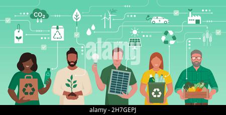 Persone diverse di tutto il mondo si uniscono e sostengono uno stile di vita sostenibile: La cura ambientale e il concetto di soluzioni ecocompatibili Illustrazione Vettoriale
