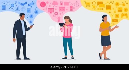 Persone che si connettono online sui propri dispositivi e utilizzano applicazioni digitali: Servizi digitali, aziende, social media e intrattenimento Illustrazione Vettoriale