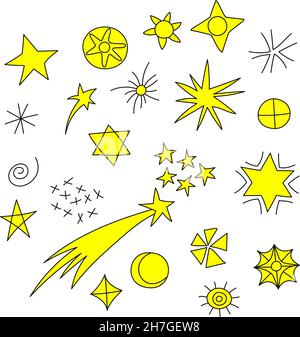 Set di stelle disegnate a mano. Stile Doodle. Illustrazione Vettoriale