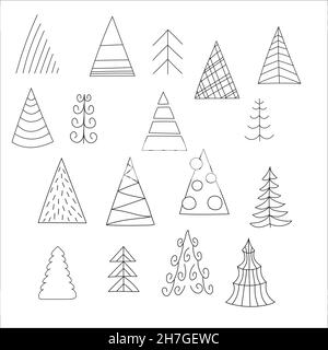 Set di albero di Natale diverso. Illustrazione vettoriale su sfondo bianco. Illustrazione Vettoriale