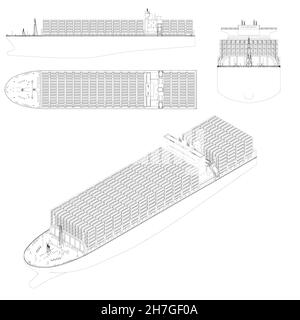 Set di navi da carico contornate con contenitori da linee nere isolate su sfondo bianco. Vista laterale, isometrica, superiore, anteriore. Illustrazione vettoriale Illustrazione Vettoriale