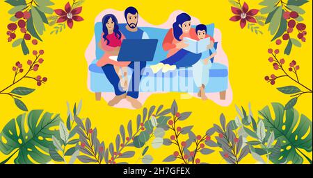 Immagine dell'illustrazione della famiglia seduta sul divano usando il laptop e libro di lettura, con piante Foto Stock