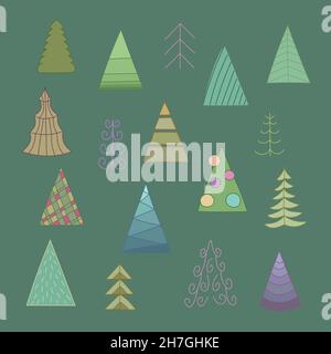 Set di albero di Natale diverso. Illustrazione vettoriale. Illustrazione Vettoriale