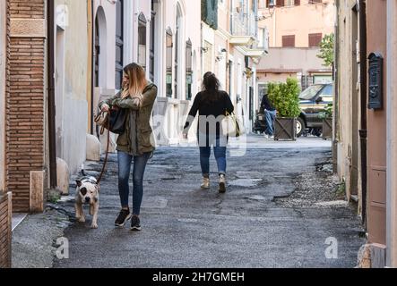 Donna hipster che cammina con il suo cane nel centro storico della città - Donna che cammina con pitbull bianco e nero durante il giorno d'autunno - Street style Foto Stock
