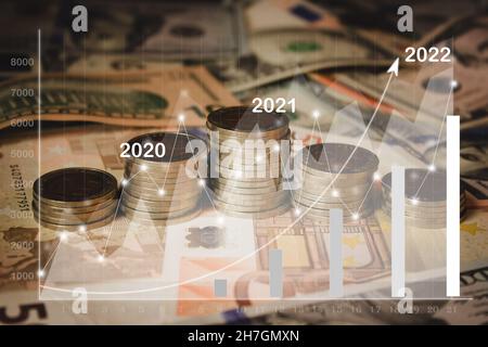 Grafici finanziari che mostrano il reddito crescente nel 2022 su moneta di denaro su ogni linea crescente background. Concetto di crescita aziendale, pianificazione e strategia. Digitale Foto Stock