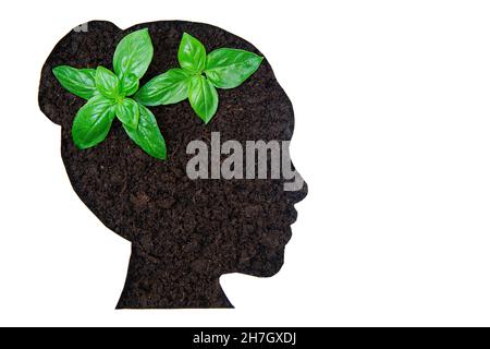 Due giovani piante nel terreno che passano attraverso la testa della donna a forma di carta ritagliata. Foto Stock