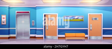 Illustrazione del cartone animato del vettore interno del corridoio dell'ospedale. Sala vuota in clinica medica con ascensore, divano e porte ai reparti. Attesa corridoio o lobby per i pazienti con divano e ascensore. Illustrazione Vettoriale