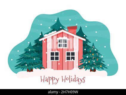 Illustrazione Happy Holidays con cabina in legno nella foresta innevata Illustrazione Vettoriale