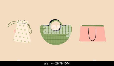 Set di graziose borse riutilizzabili. Astuccio per frutta e verdura. Borsa ecologica per la spesa. Niente plastica e niente rifiuti. Vettore isolato Illustrazione Vettoriale