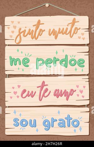 Lettering morbido del pallet in portoghese brasiliano. Traduzione: 'Mi dispiace davvero' 'perdonami' 'ti amo' 'sono grato' Illustrazione Vettoriale