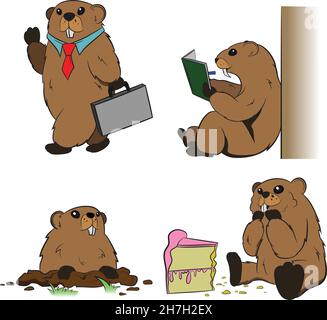 Personaggio antropomorfo Groundhog vestito come poeta e uomo d'affari che mangia torta e scavando Groundhog set. Illustrazione Vettoriale