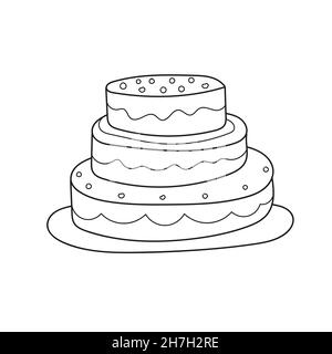 Semplice pagina da colorare. Libro da colorare con torta. Schizzo su bianco. Vettore per bambini Illustrazione Vettoriale