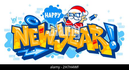 Astratto isolato Banner felice anno nuovo con Babbo Natale in stile Graffiti Font Lettering Vector Illustration Illustrazione Vettoriale