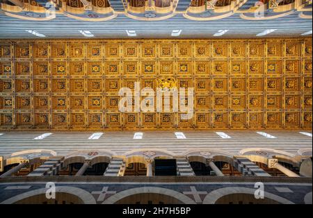 Europa, Italia, Toscana, Pisa, Cattedrale di Pisa (Cattedrale di Pisa) che mostra il soffitto ornato dipinto a pannelli sopra la navata Foto Stock