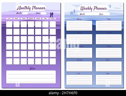 Vettore modello mensile, settimanale, pianificatore. Paesaggio minimo con sfondo coppia, per fare elenco, obiettivi, note. Gestione dei notebook aziendali, organizer Illustrazione Vettoriale