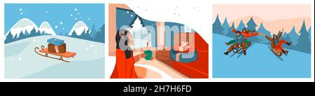 Disegno a mano vettore astratto stock grafico Merry Natale e felice anno nuovo cartone, illustrazioni stampe collezione set con scene invernali, presente scatola Illustrazione Vettoriale