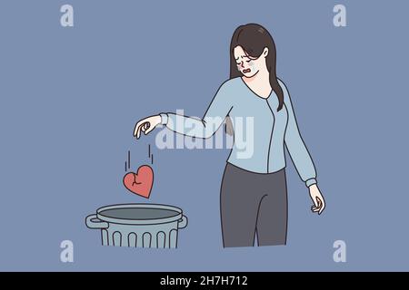 Concetto di depressione dell'annuncio del cuore rotto. Giovane triste infelice delusa piangendo la donna in piedi e gettando il cuore rotto in illustrazione vettoriale della spazzatura Illustrazione Vettoriale