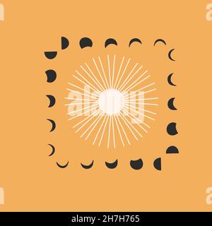 Disegno a mano vettore astratto stock disegno grafico piatto con elemento logo, astrologia boema magico minimalista emblema di mistico sole d'oro e. Illustrazione Vettoriale