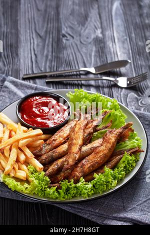capelin fritto croccante con lattuga fresca, patatine fritte e salsa di pomodoro su un piatto su un tavolo di legno nero testurizzato, vista verticale Foto Stock