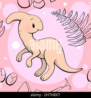 Modello senza cuciture con simpatico dinosauro. Parasaurolofo in stile kawaii. Vettore Illustrazione Vettoriale