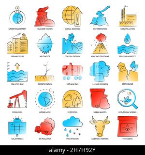 Icona problemi di ecologia impostata in stile linea. Cambiamento climatico e protezione dell'ambiente. Illustrazione vettoriale. Illustrazione Vettoriale