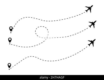 Linea tratteggiata del percorso dell'aeromobile. Turismo e viaggi. Illustrazione vettoriale. Illustrazione Vettoriale