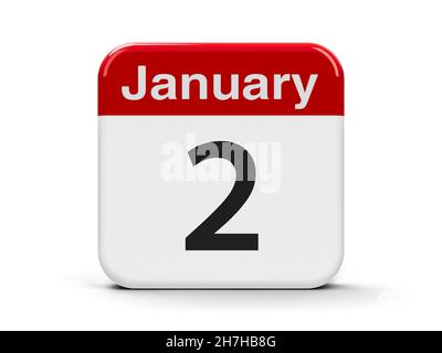 Pulsante Web del calendario - il secondo gennaio, rendering tridimensionale, illustrazione 3D Foto Stock