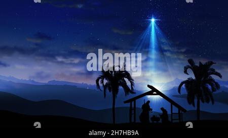 Scena di Natale con stelle scintillanti e stella più luminosa di Betlemme con personaggi natività animati animali e alberi. Natale storia unde Foto Stock