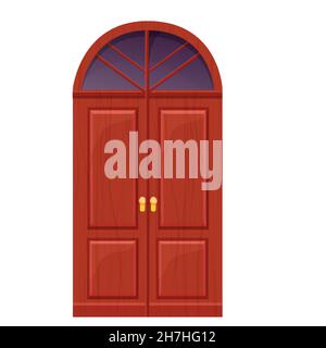 Porta in legno ad arco, ingresso frontale con finestra, testurizzata in stile cartoon isolato su sfondo bianco. Risorsa di gioco UI, decorazione medievale. Illustrazione vettoriale Illustrazione Vettoriale